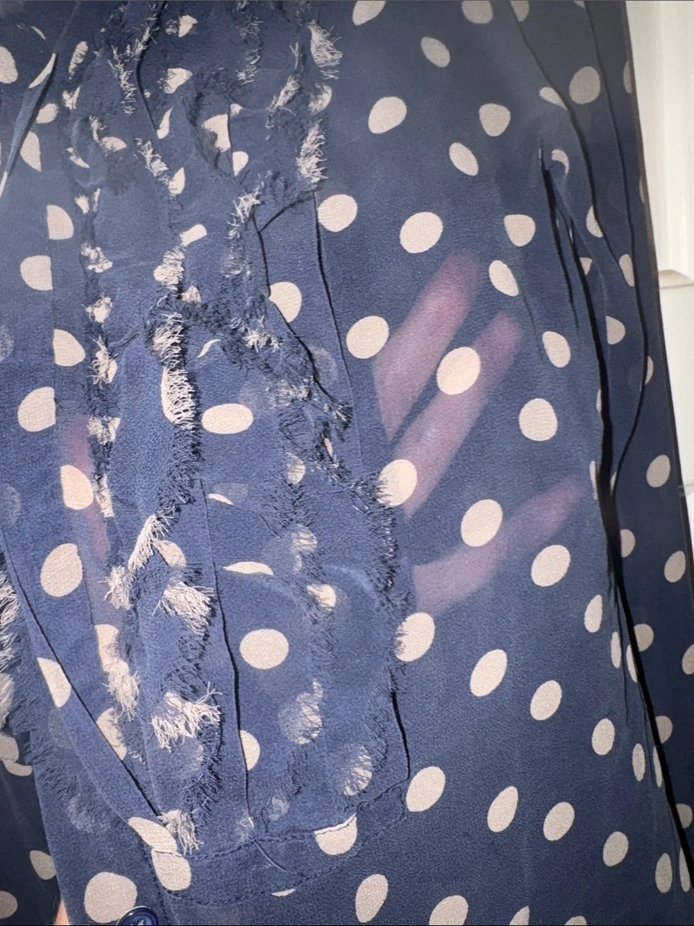 100% Silk J. Crew Navy Polka Dot Ruffle Front Long Sleeve Blouse - Size XS, Size